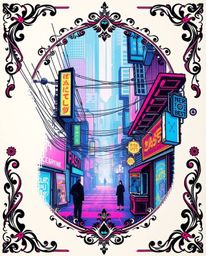 A graceful and elegant symbolic tattoo art print features a pixelated glitch image of a cyberpunk street drenched in vibrant 