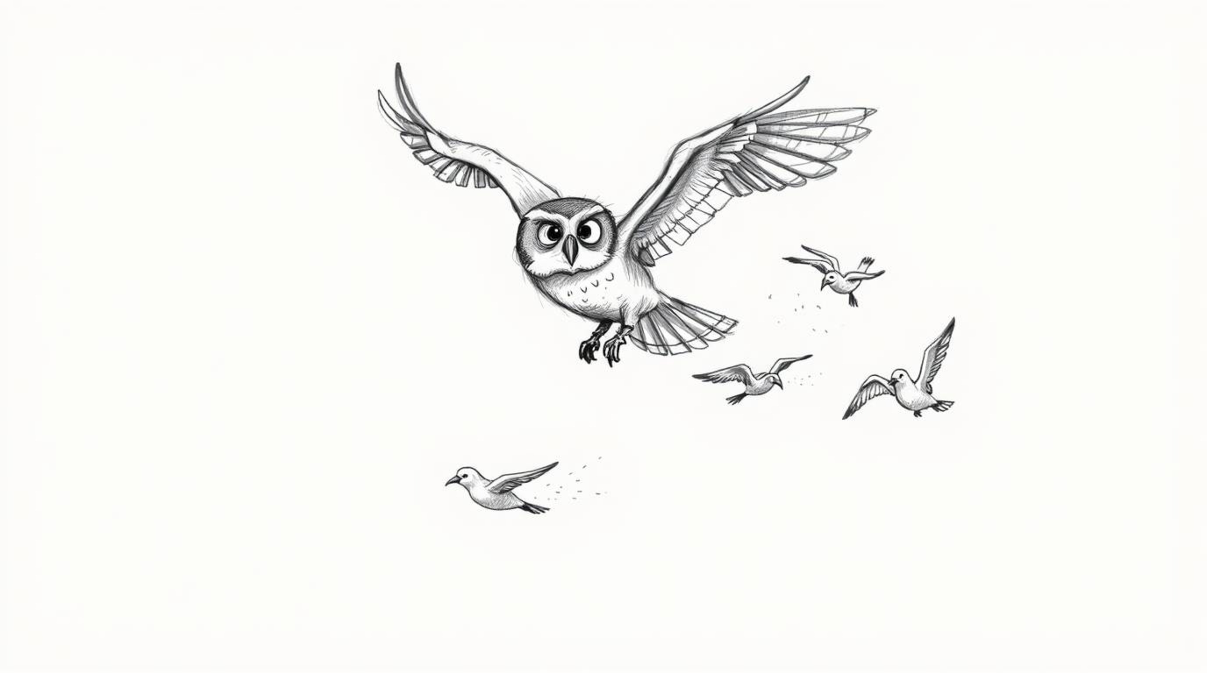 A captivating, hand-drawn sketch in the style of Pixar portrays a unique scene: a blind owl, defying expectations, is mid-fli