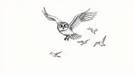 A captivating, hand-drawn sketch in the style of Pixar portrays a unique scene: a blind owl, defying expectations, is mid-fli