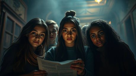 A group of diverse teenagers unravel a chilling mystery within a dimly lit, haunted mansion.  The scene is bathed in warm aut