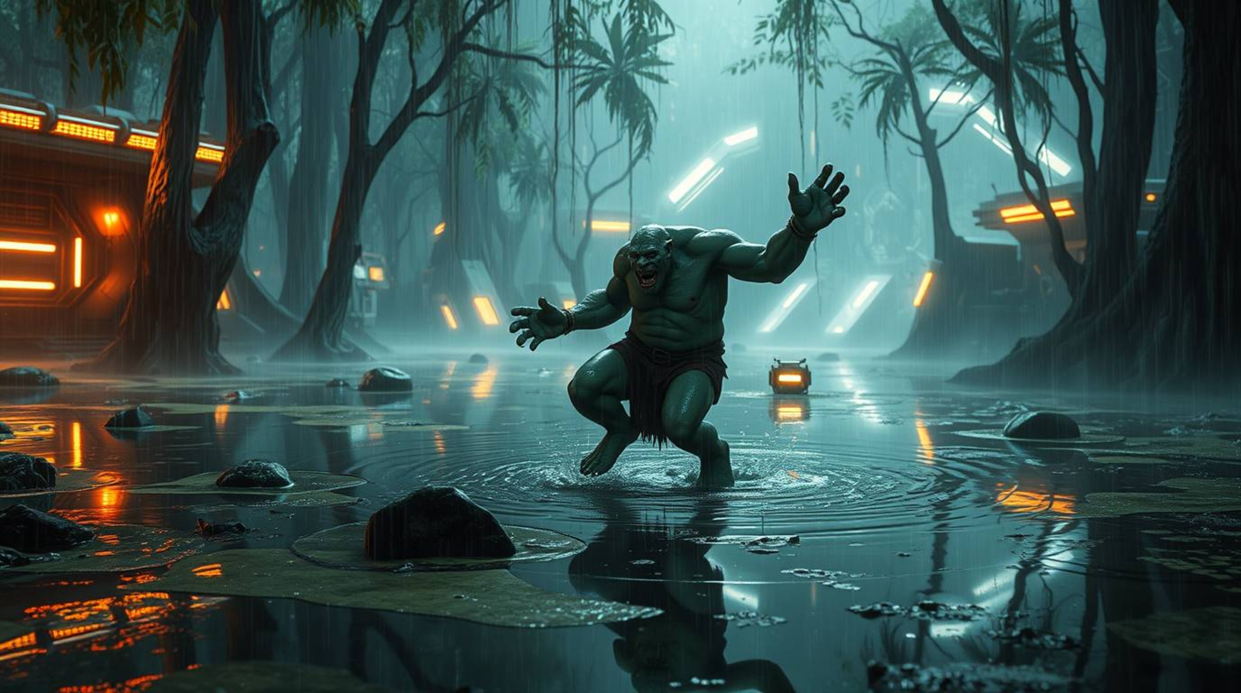 Immerse yourself in a futuristic sci-fi scene where an ogre dances joyfully in a swamp under a soft, drizzling rain. Advanced