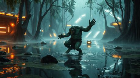 Immerse yourself in a futuristic sci-fi scene where an ogre dances joyfully in a swamp under a soft, drizzling rain. Advanced