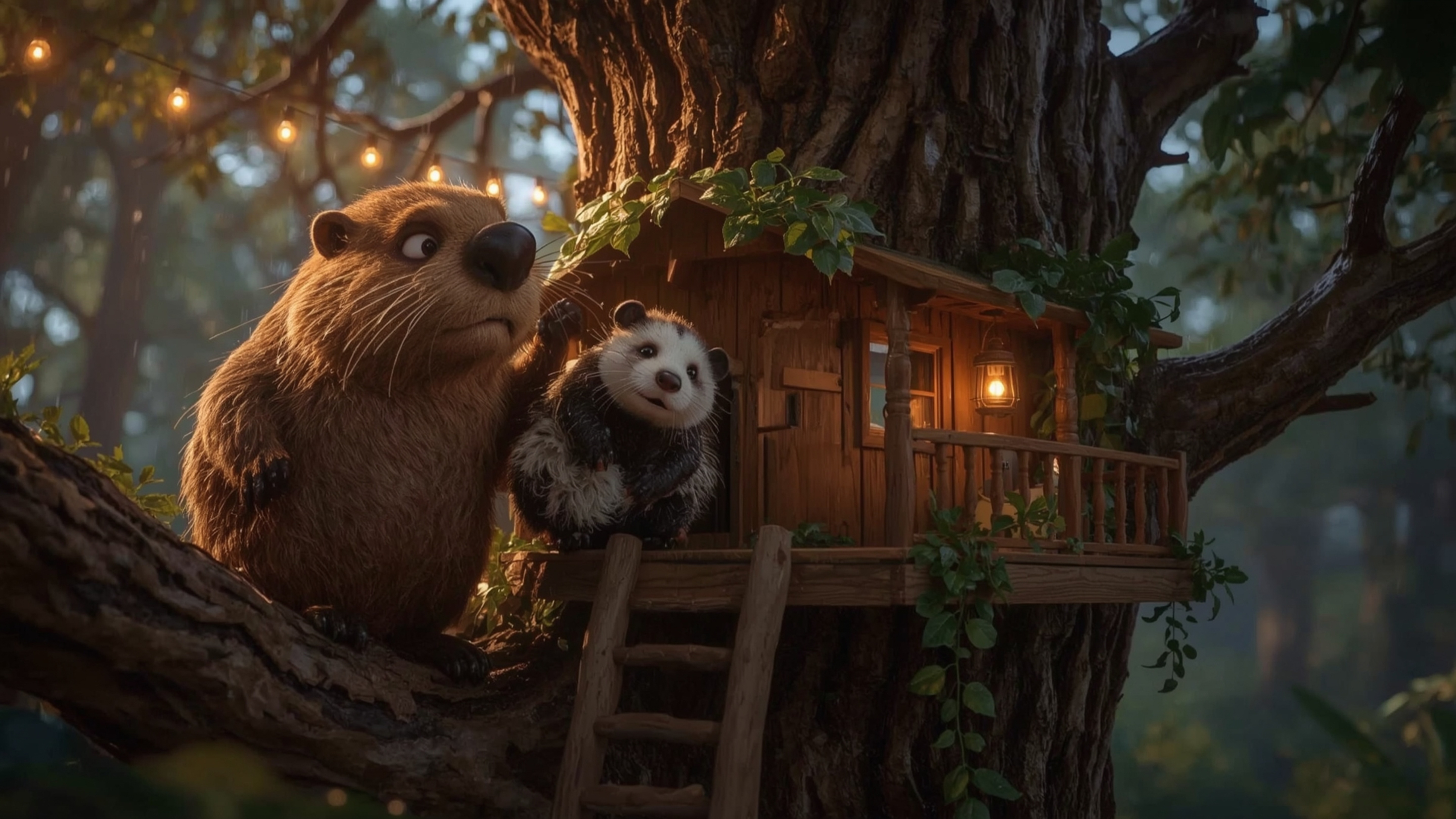 A high-resolution, commercially viable stock photo depicts a meticulous and determined Pixar-inspired beaver constructing a s