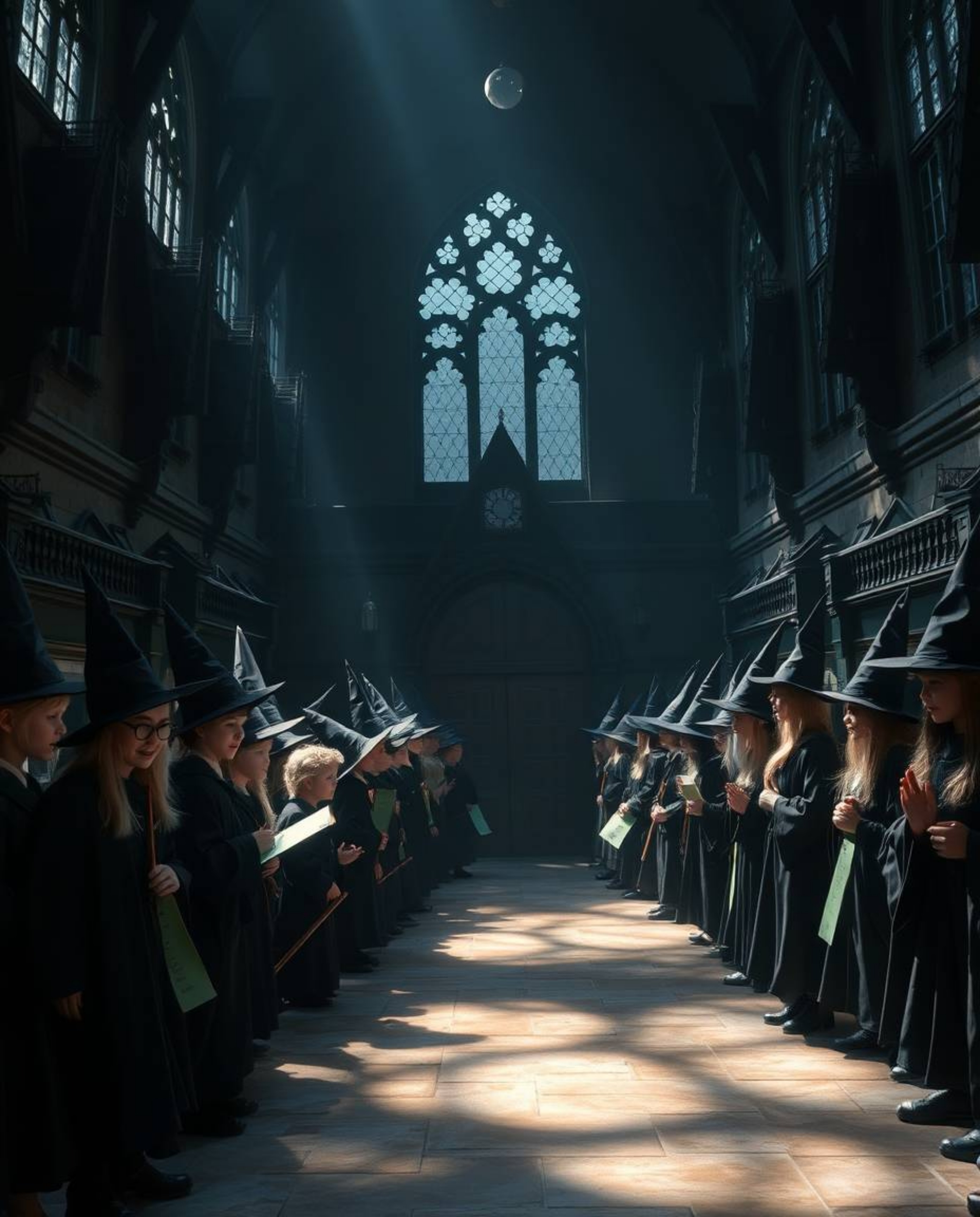 Explore a captivating scene of a magical school teeming with young wizards, brought to life with intense jet black hues and g