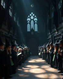 Explore a captivating scene of a magical school teeming with young wizards, brought to life with intense jet black hues and g