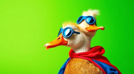 This high-resolution photograph features a duck adorned in a vibrant and zany superhero costume, captured in a lively and ene