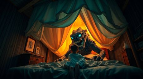 A stunning architectural photograph depicts an unlikely friendship between a child and a bioluminescent monster hiding under 