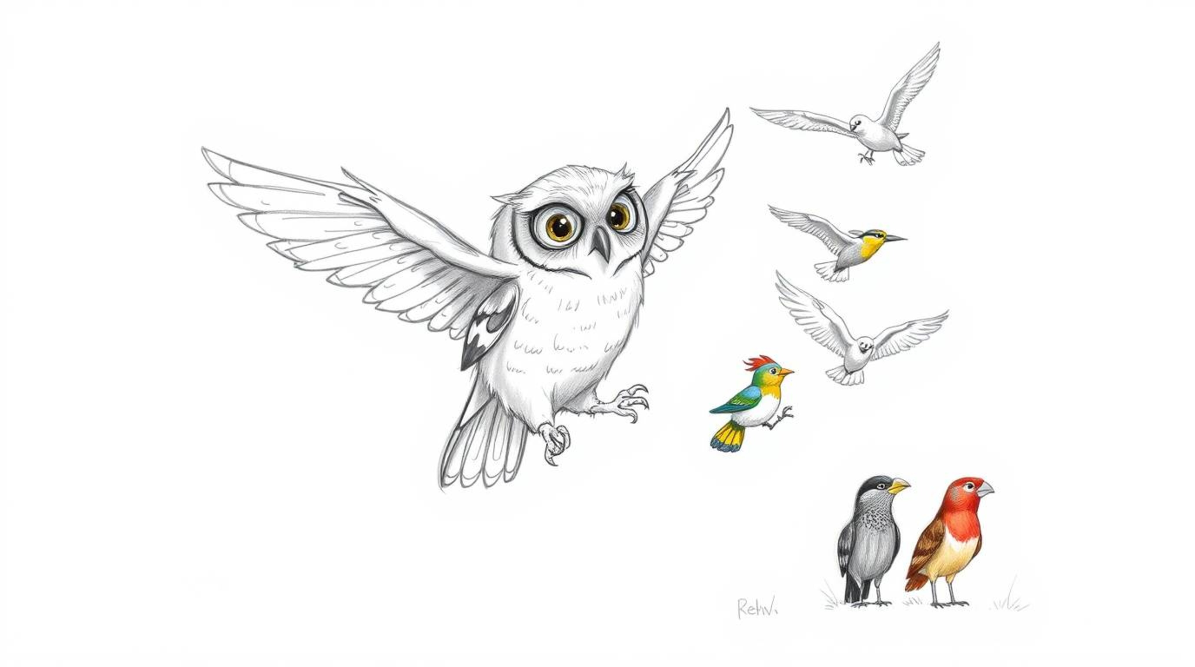 A heartwarming hand-drawn sketch in the style of Pixar depicts a wise, blind owl with soft feathers patiently guiding a diver