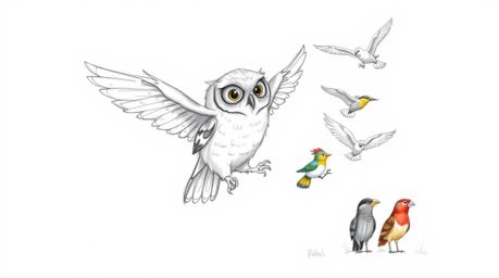 A heartwarming hand-drawn sketch in the style of Pixar depicts a wise, blind owl with soft feathers patiently guiding a diver