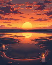 An Isekai anime-style illustration captures a sunset sky mirrored in tidal pools on the beach. The scene is illuminated by th