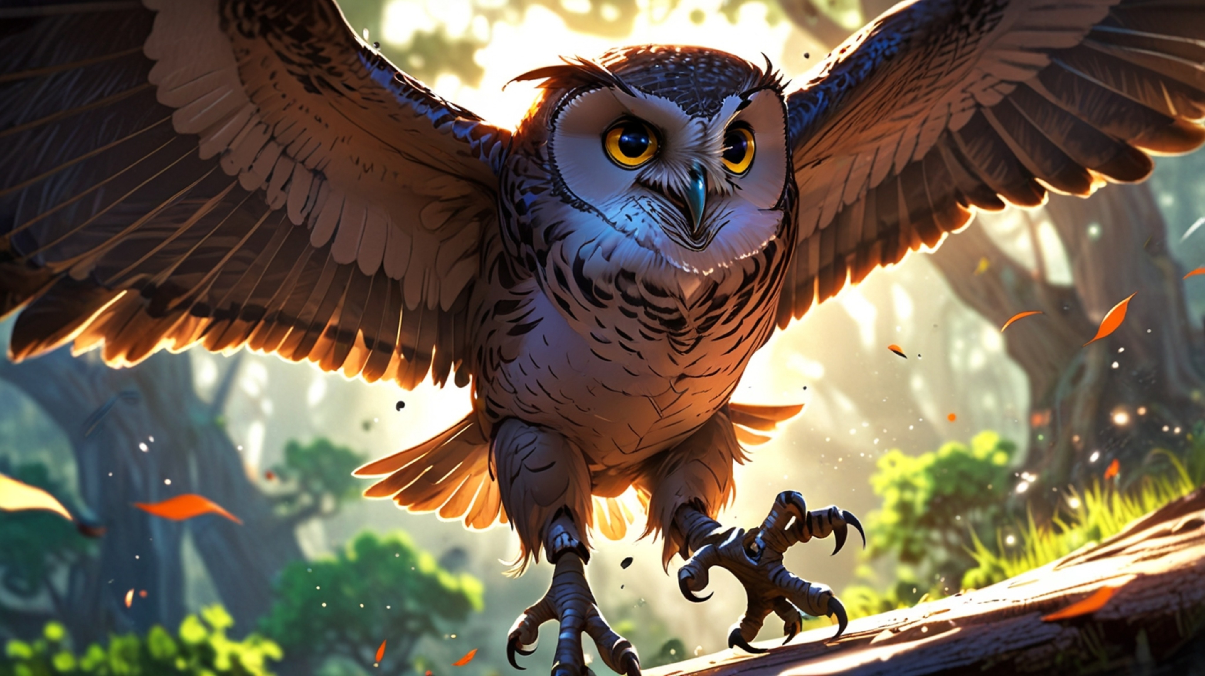 A beautiful and graceful scene, rendered in a captivating blend of Pixar and anime styles. A wise blind owl, the mentor, is c