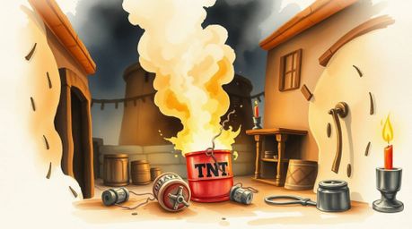 A stunning watercolor painting depicts a classic Wild West exploding TNT gag.  The artwork showcases smooth gradient transiti