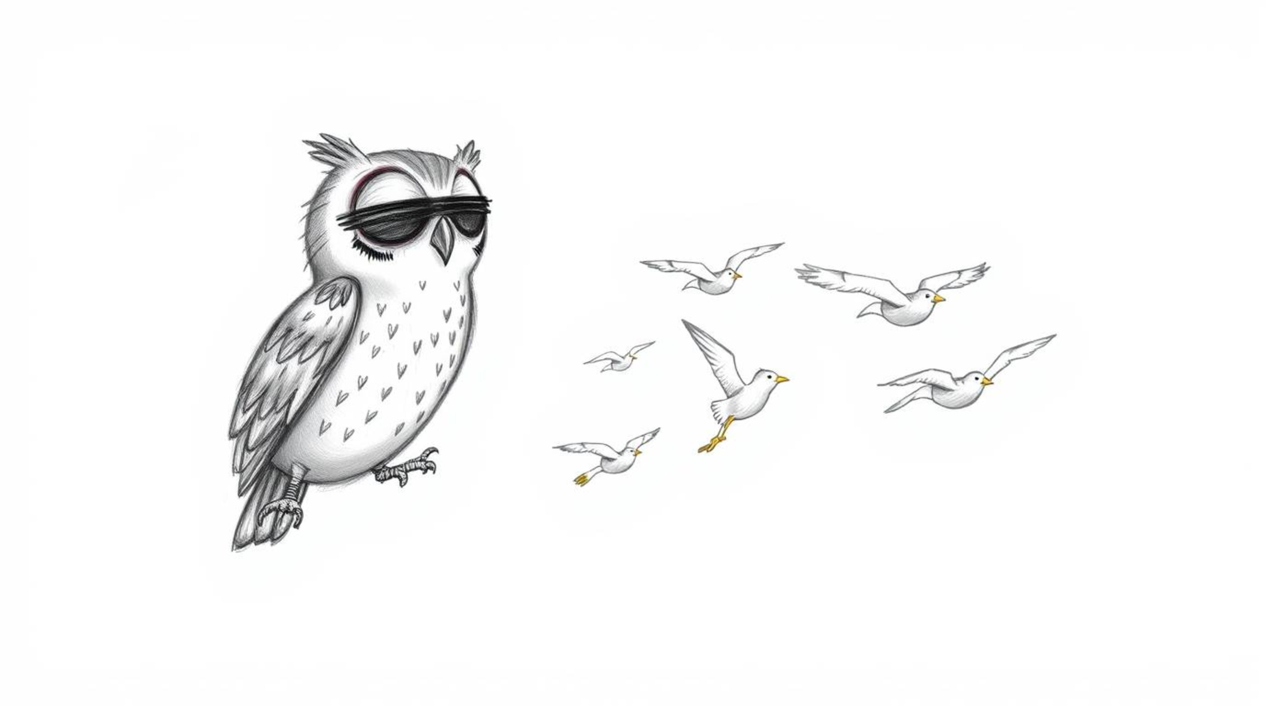 A heartwarming hand-drawn sketch in the style of Pixar depicts a blind owl with soft, feathery texture guiding a flock of bir