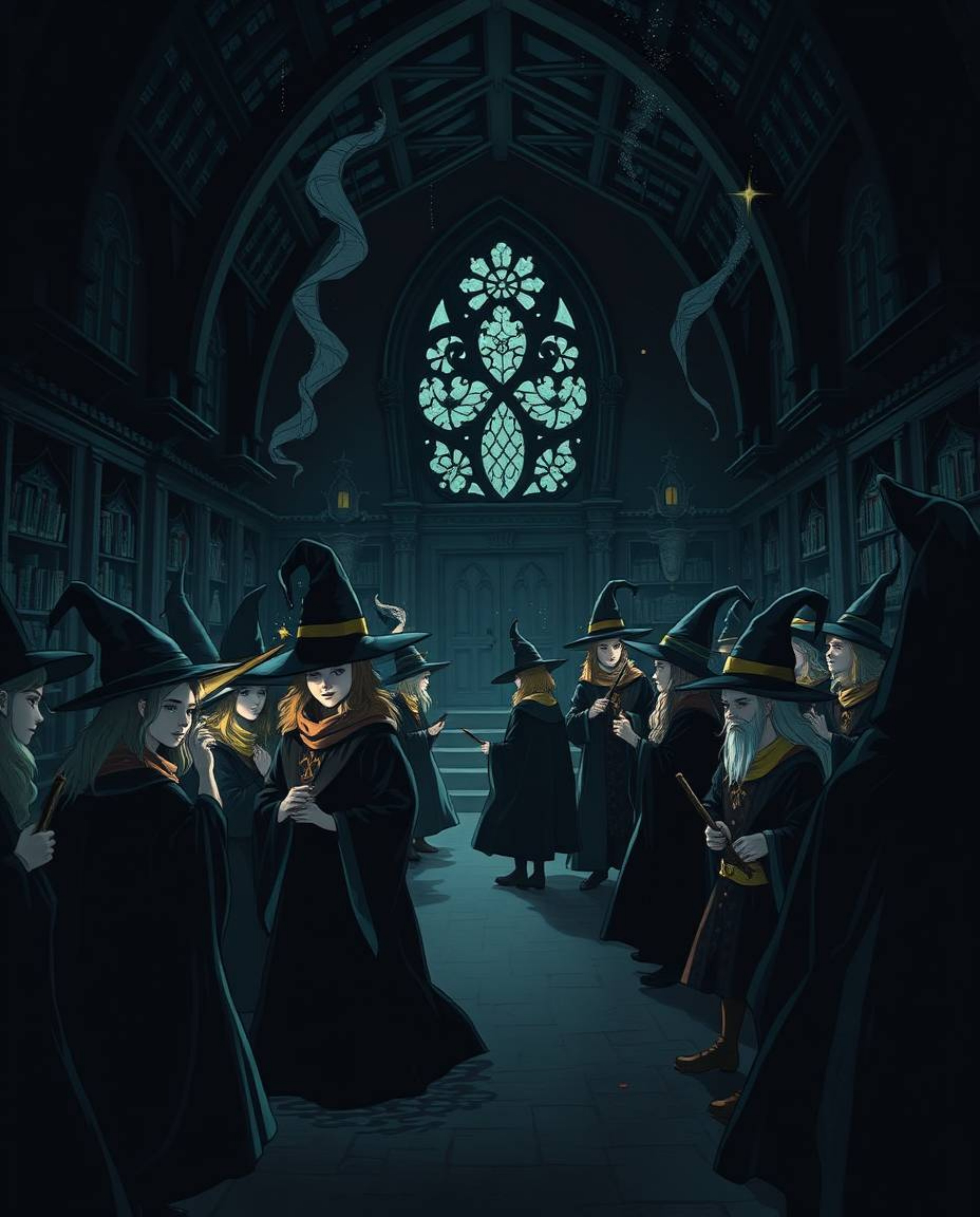 This intensely jet black illustration depicts a magical school brimming with young wizards, rendered with deep shadows and gr