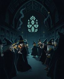 This intensely jet black illustration depicts a magical school brimming with young wizards, rendered with deep shadows and gr