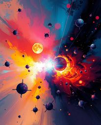 A dynamic digital sketch depicts a breathtaking macro close-up of colliding galaxies in a cosmic explosion.  The artwork uses