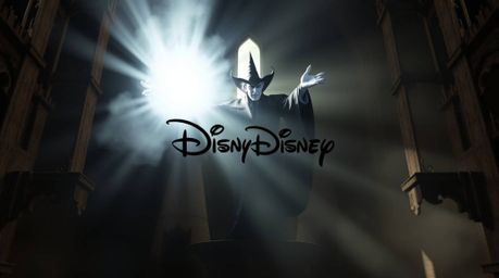 A striking geometric logo depicts a classic Disney villain casting a spell within an ancient castle. Rendered with volumetric