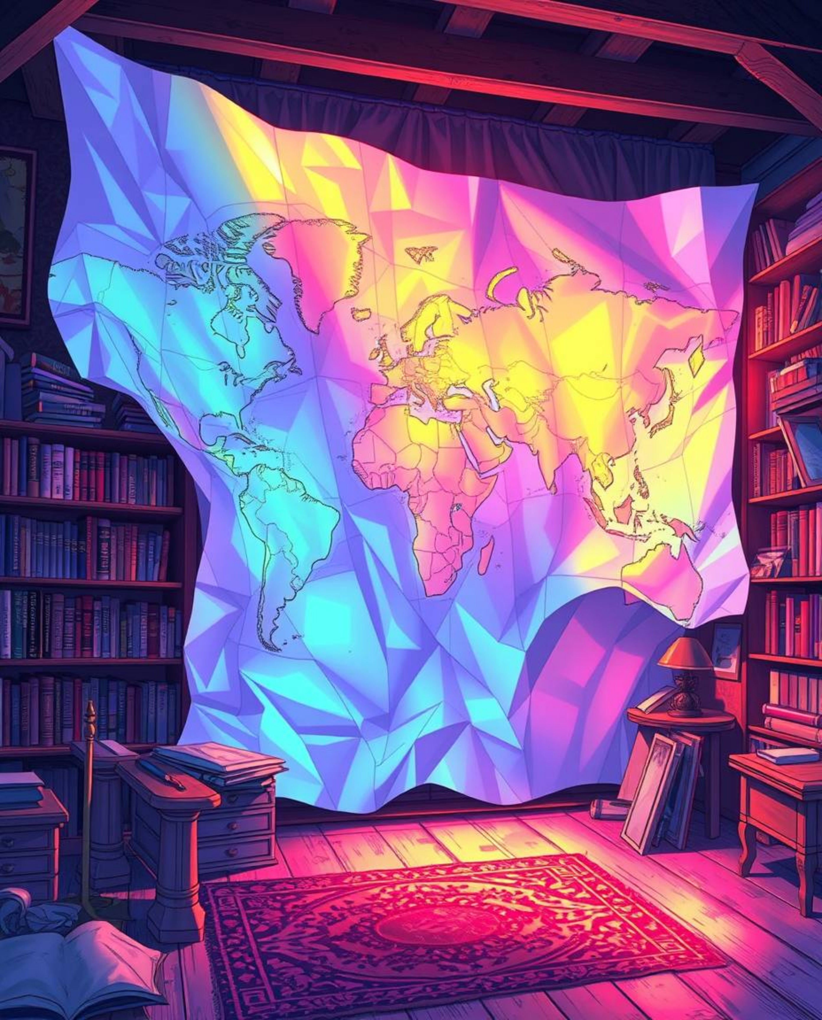 This iridescent, Isekai anime-style illustration features an expressive composition with a glowing map projection in an old s