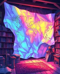 This iridescent, Isekai anime-style illustration features an expressive composition with a glowing map projection in an old s
