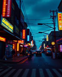 A captivating pixelated glitch art image depicting a cyberpunk street scene bathed in neon haze.  The artwork features a stri