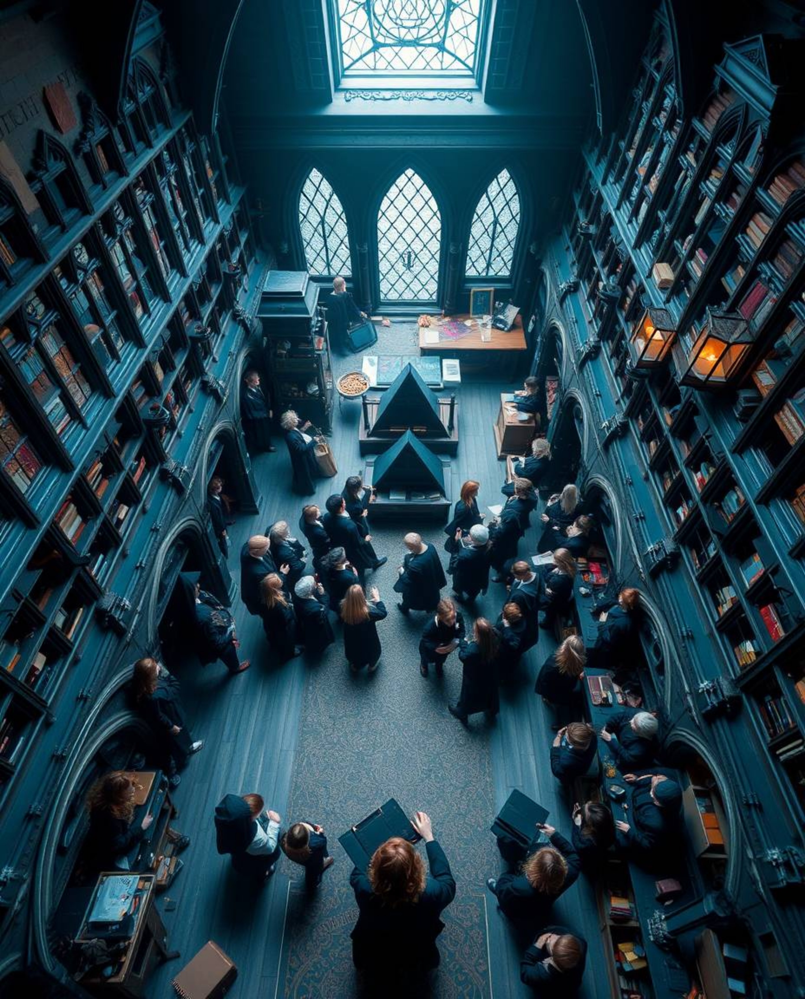 Experience the enchanting atmosphere of a magical school brimming with young wizards from a unique high-angle perspective. Th