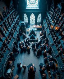 Experience the enchanting atmosphere of a magical school brimming with young wizards from a unique high-angle perspective. Th