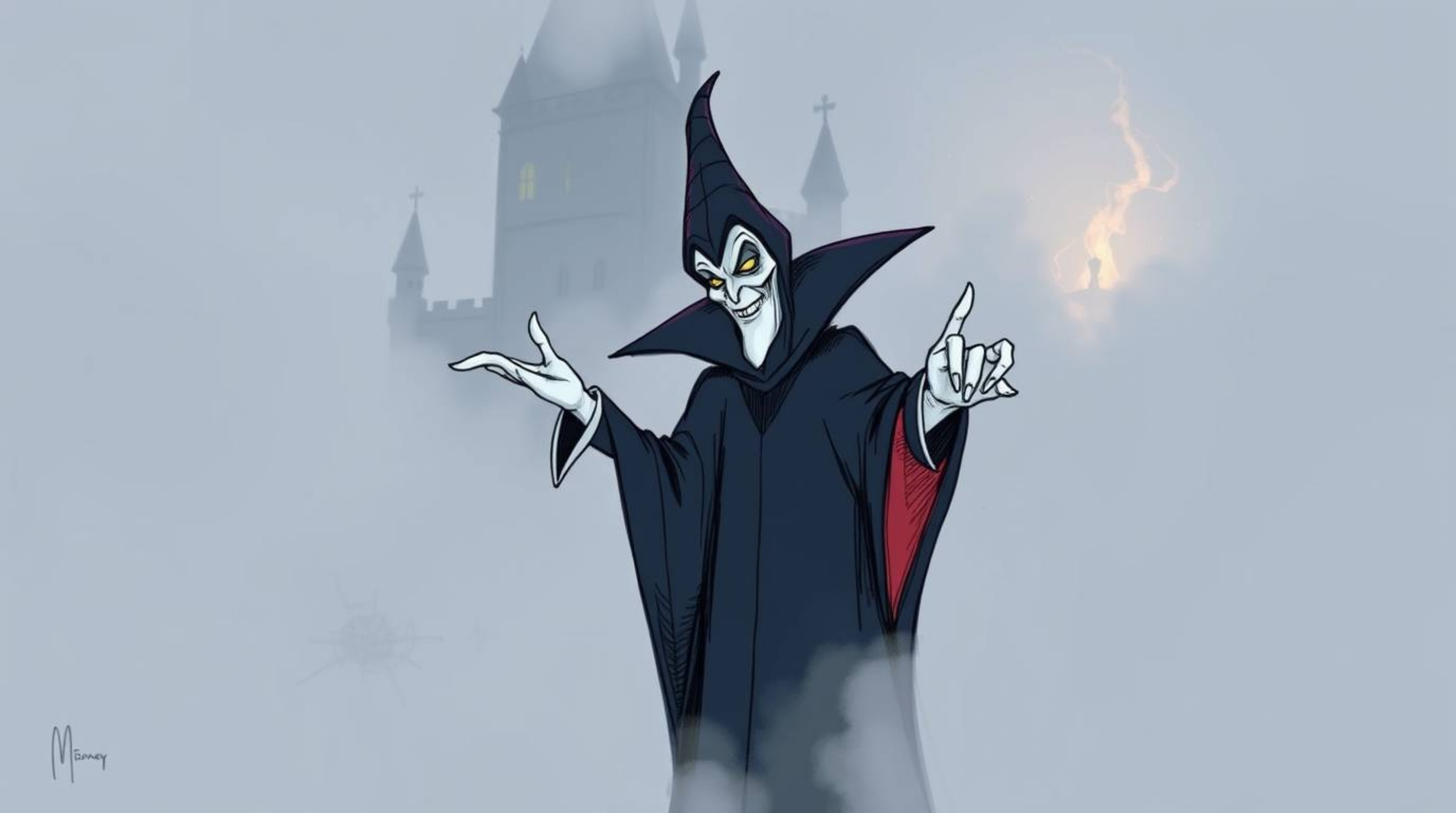 A captivating hand-drawn sketch depicts a classic Disney villain with striking features and pale skin, casting a spell within