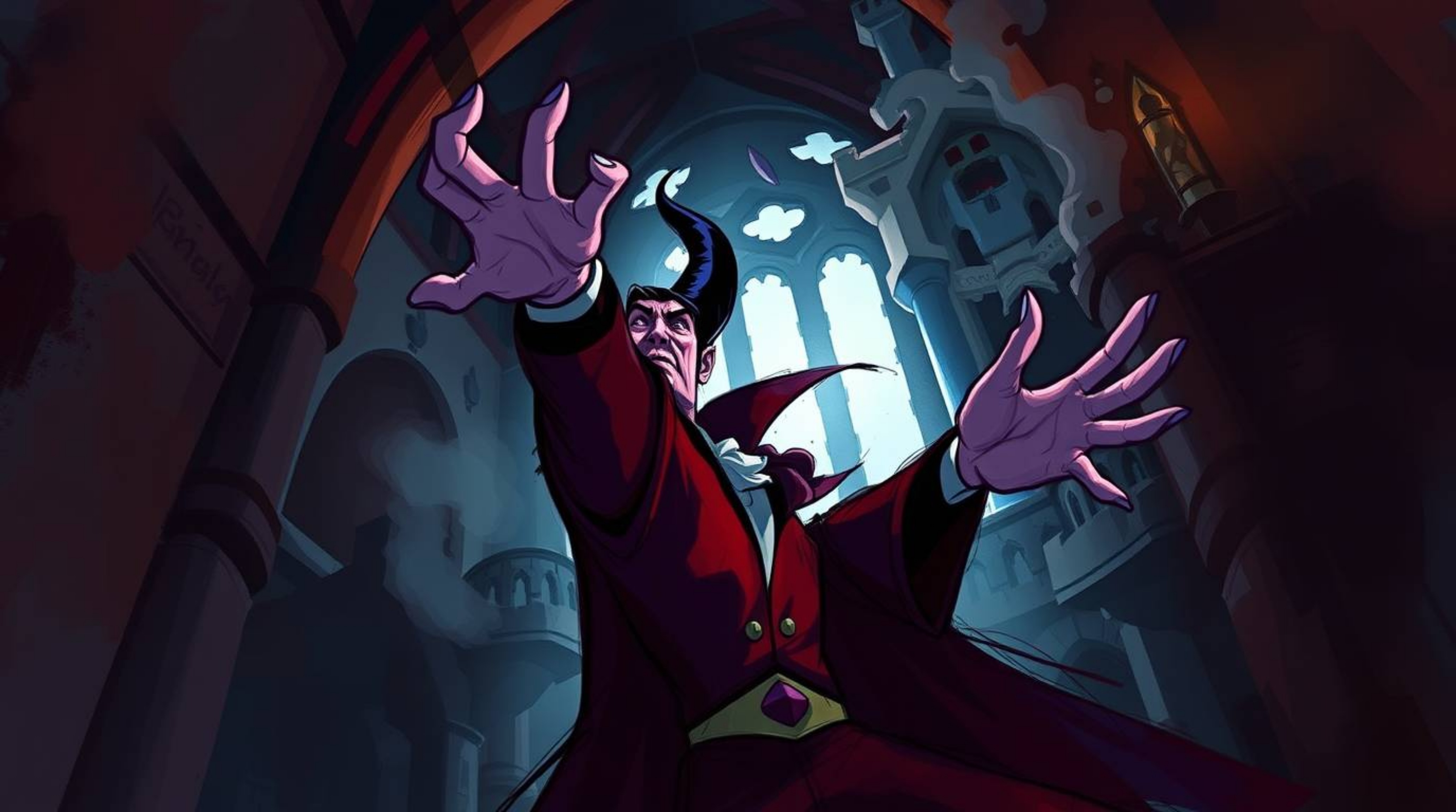 A captivating digital painting depicts a classic Disney villain casting a spell within a majestic old castle. The artwork fe