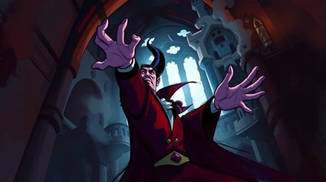 A captivating digital painting depicts a classic Disney villain casting a spell within a majestic old castle.  The artwork fe