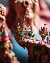 Immerse yourself in an extreme macro close-up photograph of a vibrant and fantastical kingdom featuring floating islands and