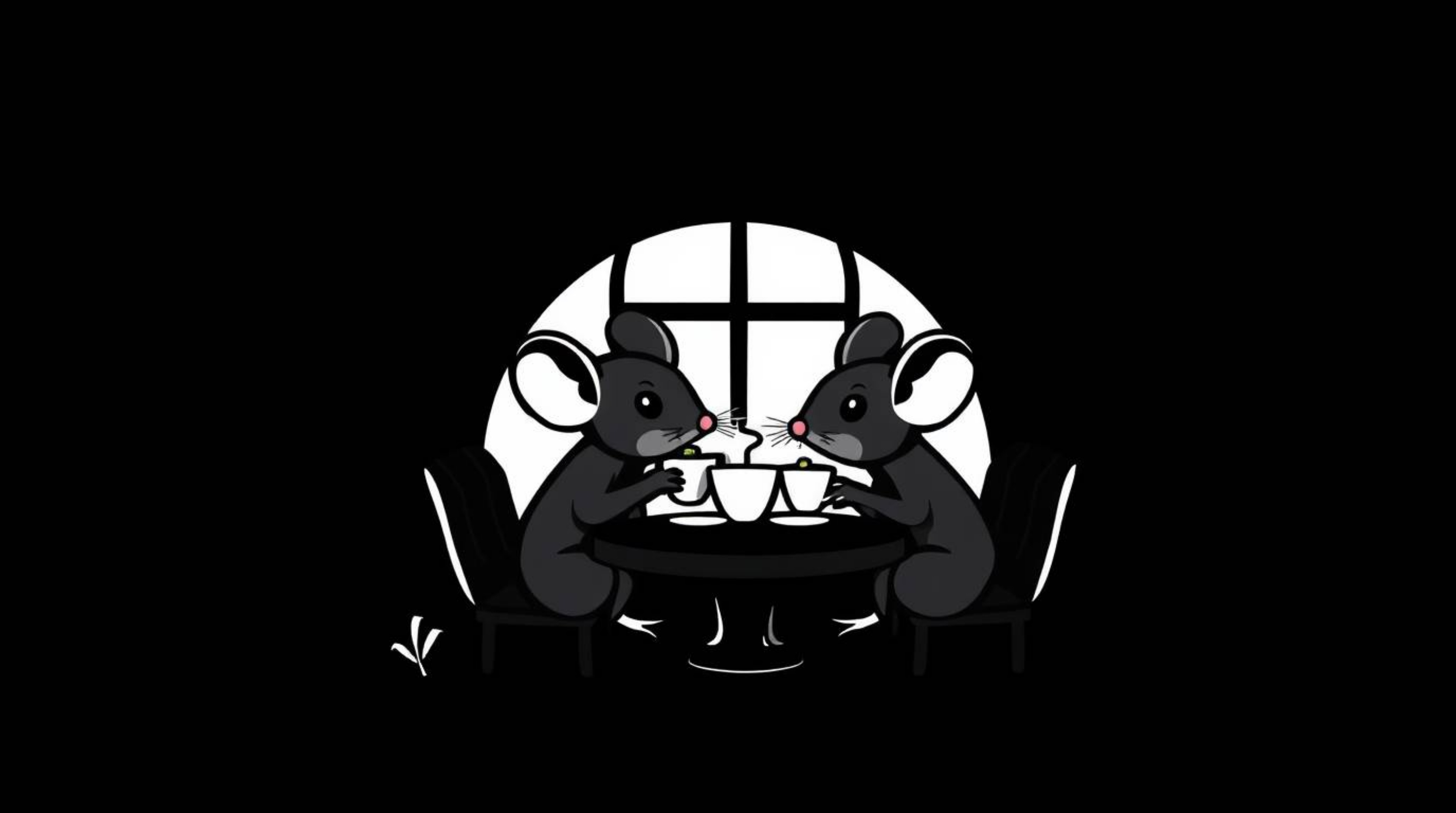 A striking jet black logo depicting anthropomorphic mice enjoying tea in a cozy cottage setting. The artwork emphasizes geome