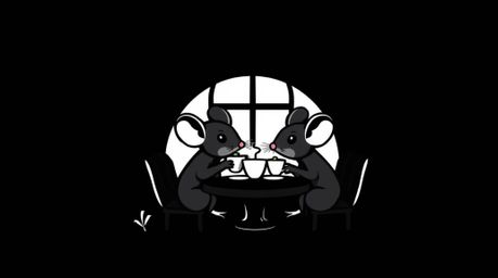 A striking jet black logo depicting anthropomorphic mice enjoying tea in a cozy cottage setting. The artwork emphasizes geome