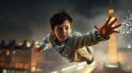 A dynamic image showcasing a young boy with light skin soaring above London, propelled by shimmering pixie dust. The scene fe