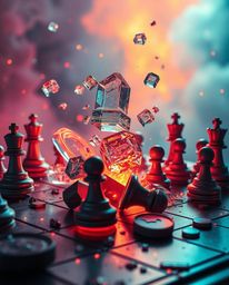 This image depicts a chessboard scene frozen in mid-air destruction, rendered in a vibrant and eye-catching bioluminescent st