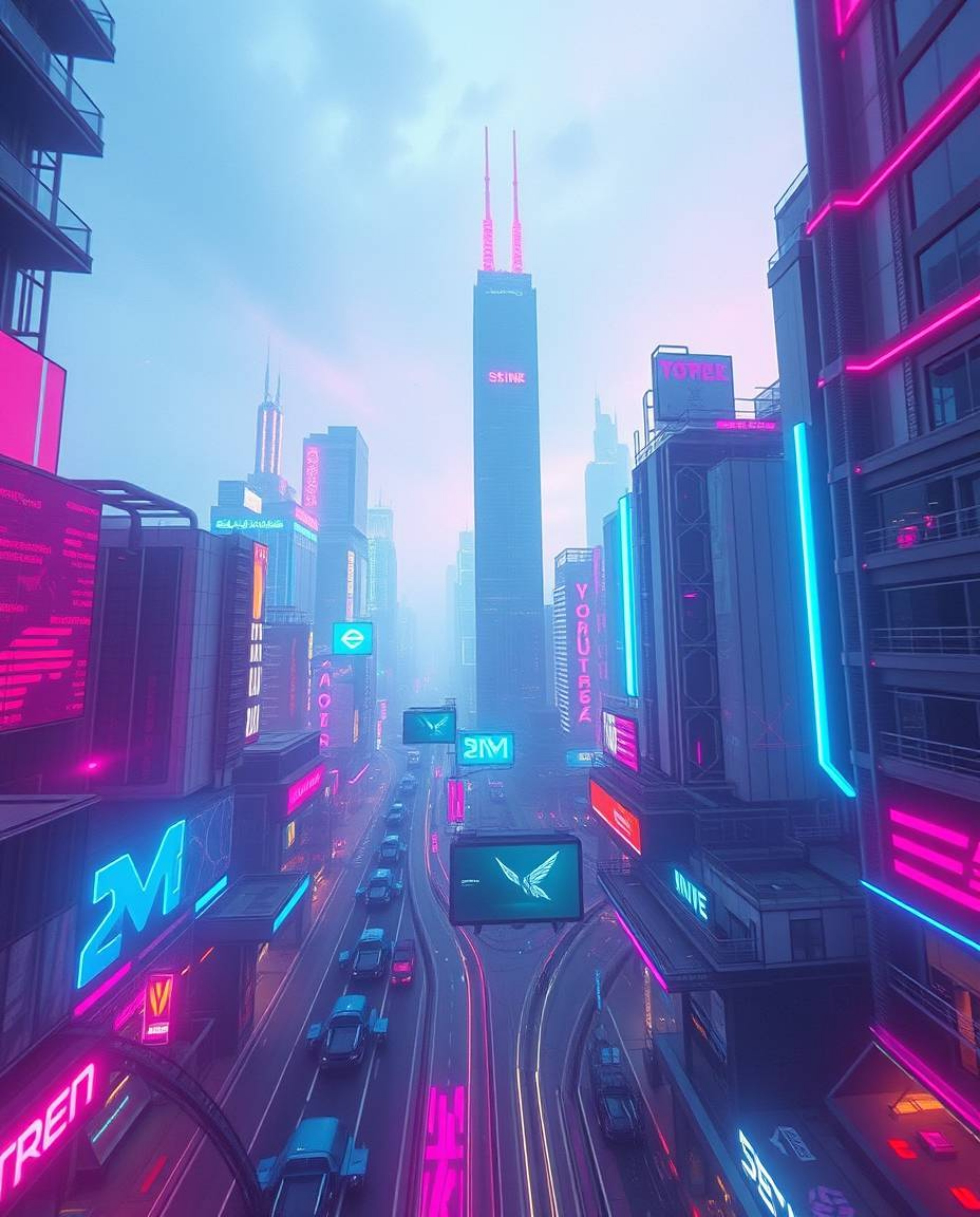 A captivating high-angle photograph showcases a futuristic cityscape bathed in soft pastel neon lights.  This cyberpunk envir