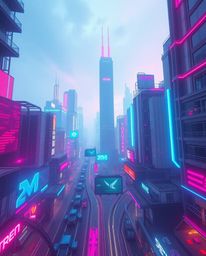 A captivating high-angle photograph showcases a futuristic cityscape bathed in soft pastel neon lights.  This cyberpunk envir