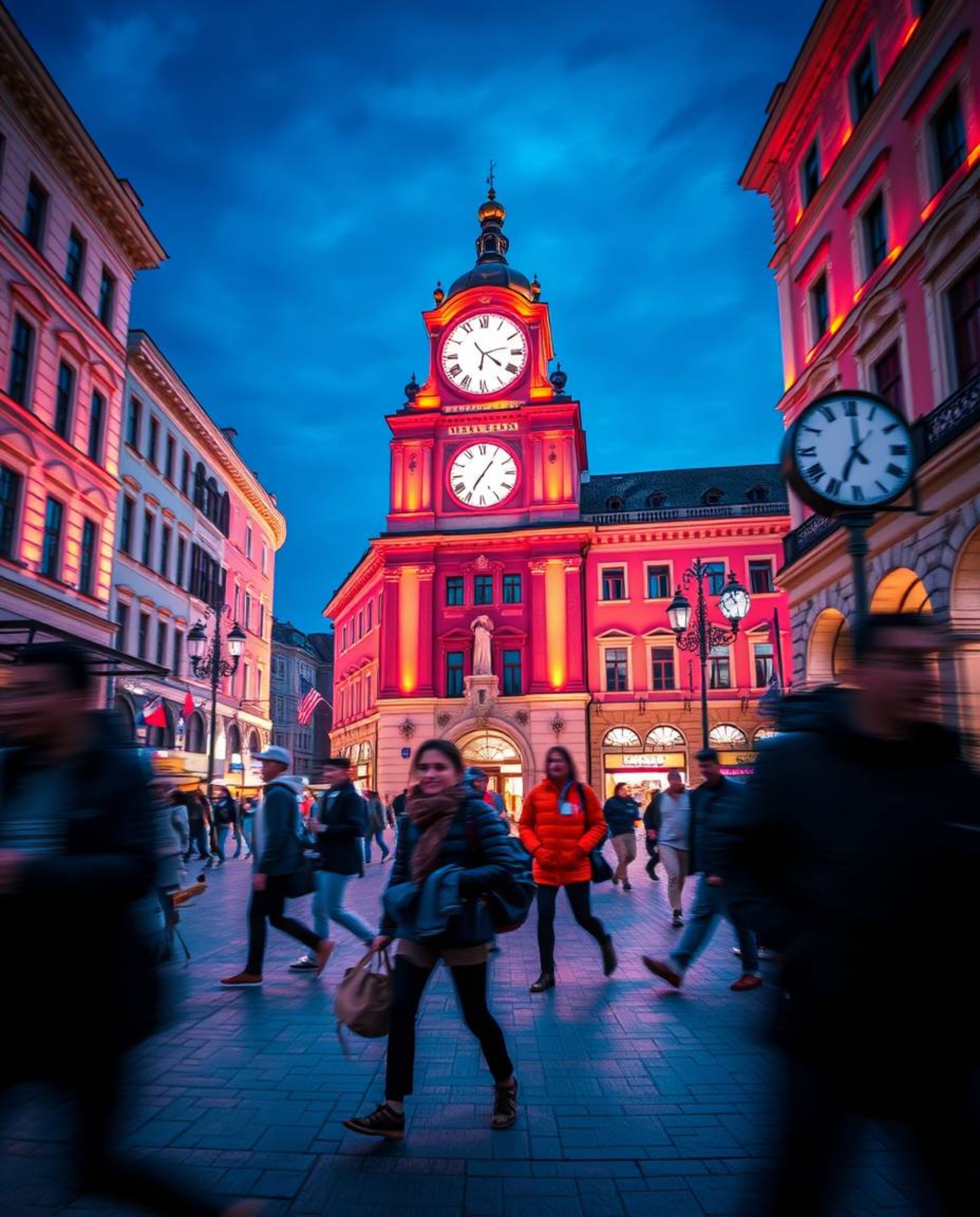 A dynamic street photograph capturing an empty town square, focusing on the presence of ticking clocks and the absence of peo