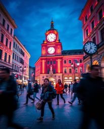 A dynamic street photograph capturing an empty town square, focusing on the presence of ticking clocks and the absence of peo