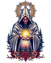 This symbolic traditional tattoo art print features a cloaked figure, seen from a high angle, holding a glowing orb in a vibr
