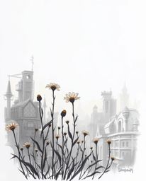 A hand-drawn sketch depicting the resilience of nature, showcasing flowers blooming amidst the ruins of a post-apocalyptic ci