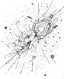 A captivating close-up hand-drawn sketch depicting colliding galaxies.  Rough lines and textured strokes create a dynamic vis