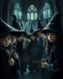 Explore a magical school teeming with young wizards, rendered in a striking jet black palette with deep shadows, highlighting