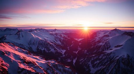 Capture the breathtaking beauty of snow-covered mountains illuminated by a pastel sunset. This scene utilizes chiaroscuro lig