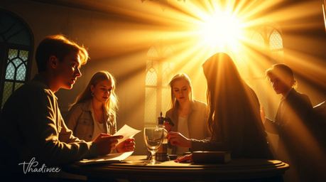 Immerse yourself in a radiant and luxurious scene where a group of teens unravel mysteries within a haunted mansion. Bathed i