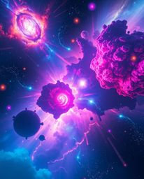 Witness a heroic and massive scene of colliding galaxies exploding in vibrant, bioluminescent colors, all bathed in epic lens