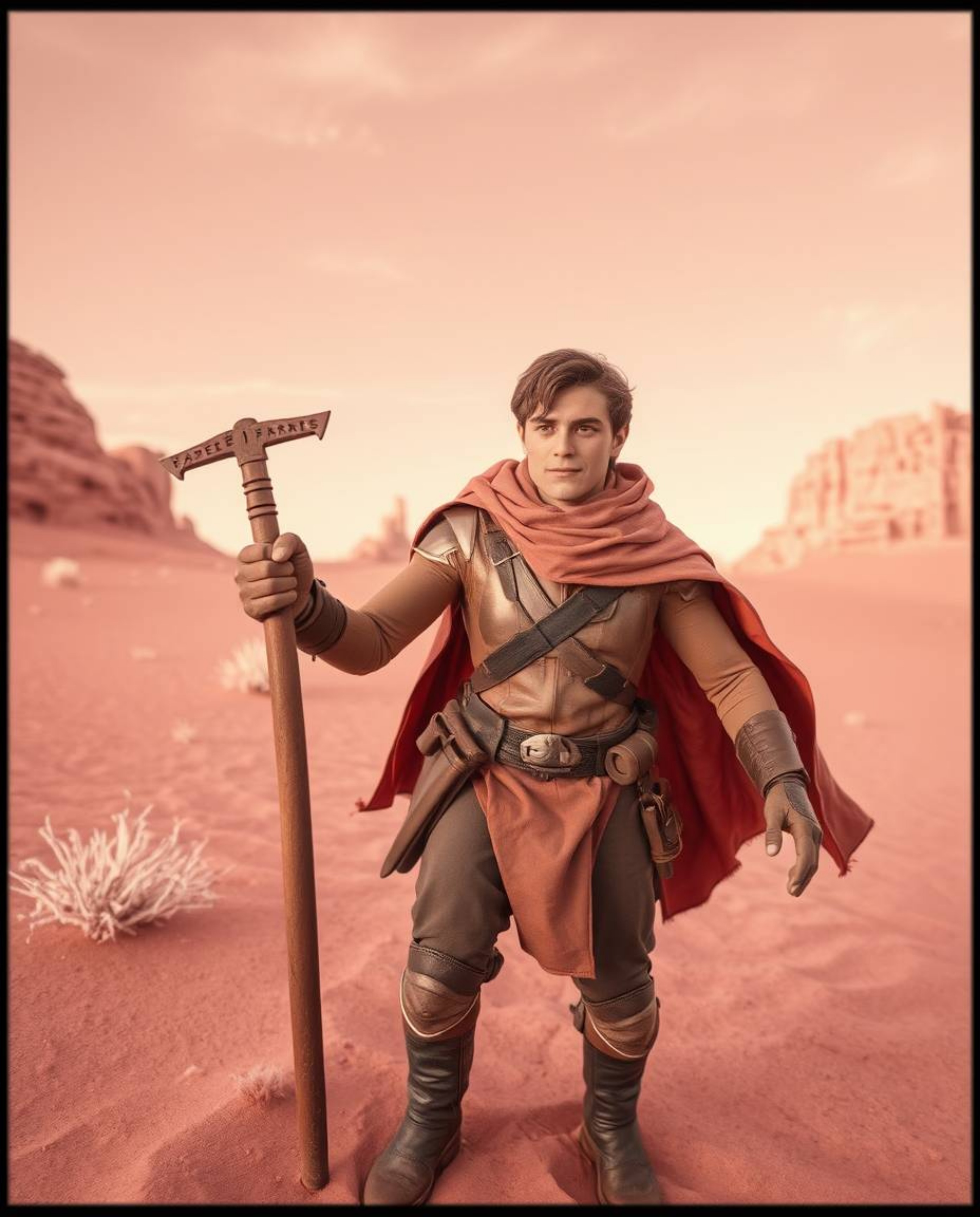 Embark on a surreal journey with a brave hero in this infrared image, capturing a Disney-style desert adventure.  The otherwo