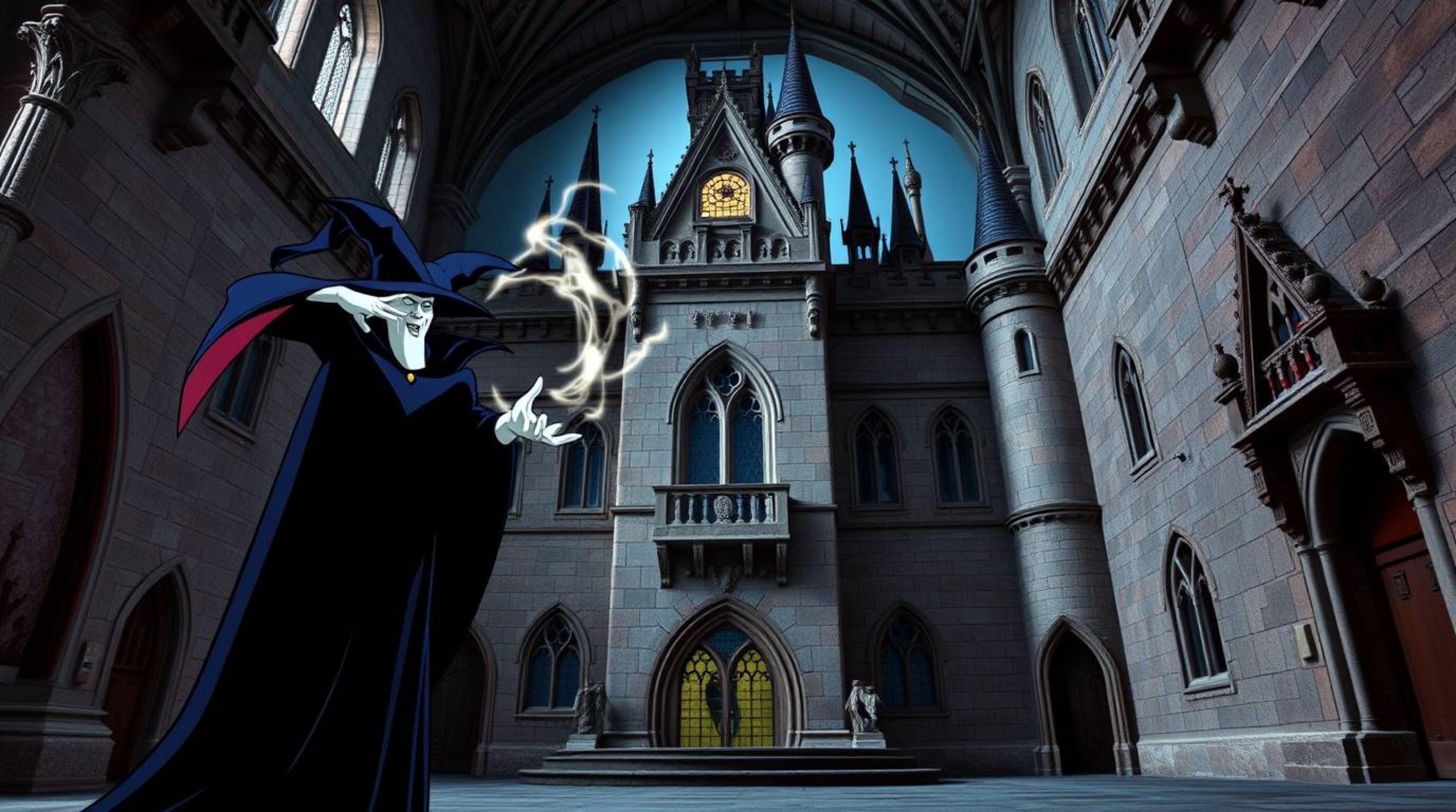 A captivating image showcases a classic Disney villain casting a spell within the majestic walls of an old castle. Precise a