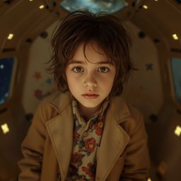 Exquisite high-fashion photography captures a boy with a curious expression building a functional cardboard spaceship.  The P
