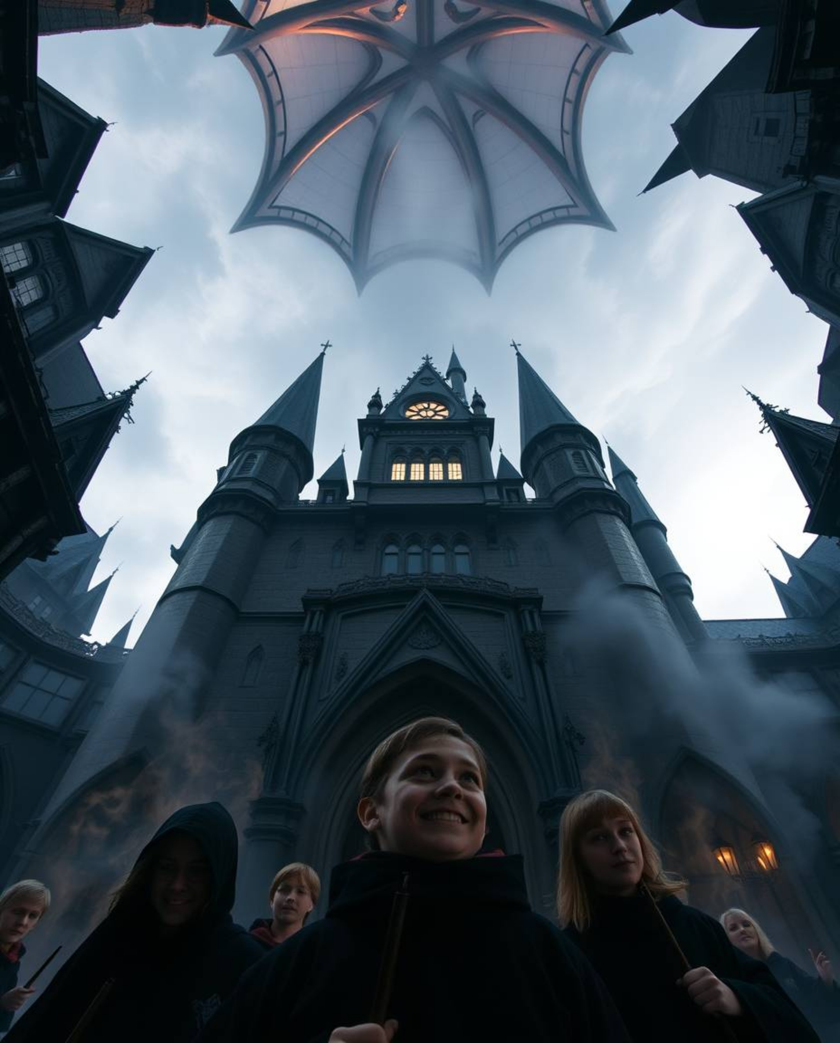 Experience the grandeur of a magical school brimming with young wizards! This captivating image offers a dramatic, low-angle 