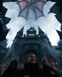 Experience the grandeur of a magical school brimming with young wizards! This captivating image offers a dramatic, low-angle 